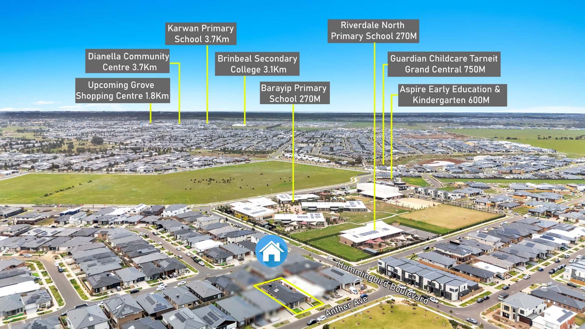 Drone aerial of a new estate with nearby schools and shops labelled